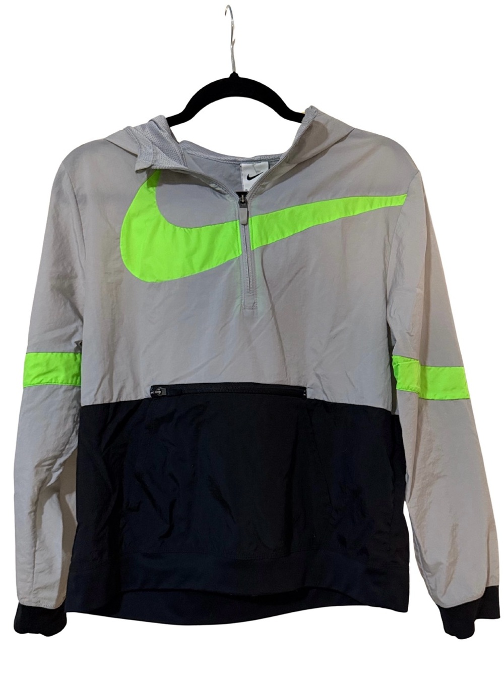 Nike Kids Gray, Black & Neon Green Hooded Windbreaker